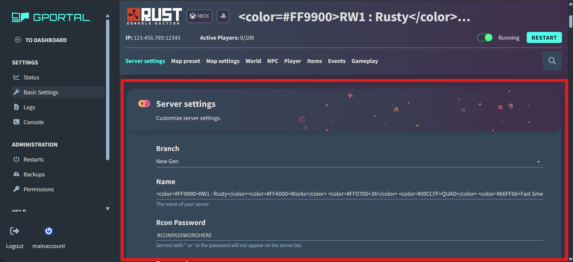 Gportal Server Settings