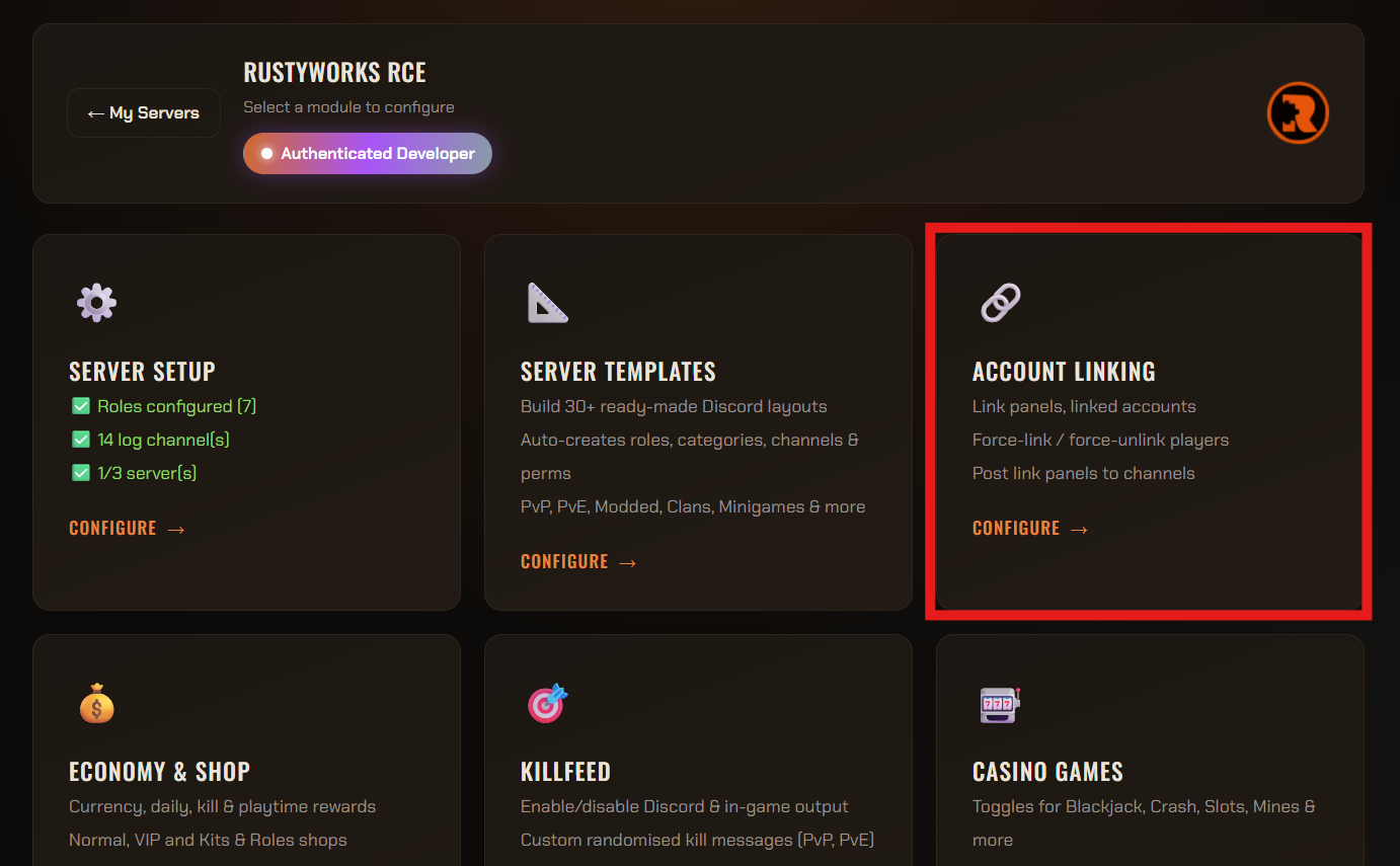 Account Linking module on the dashboard